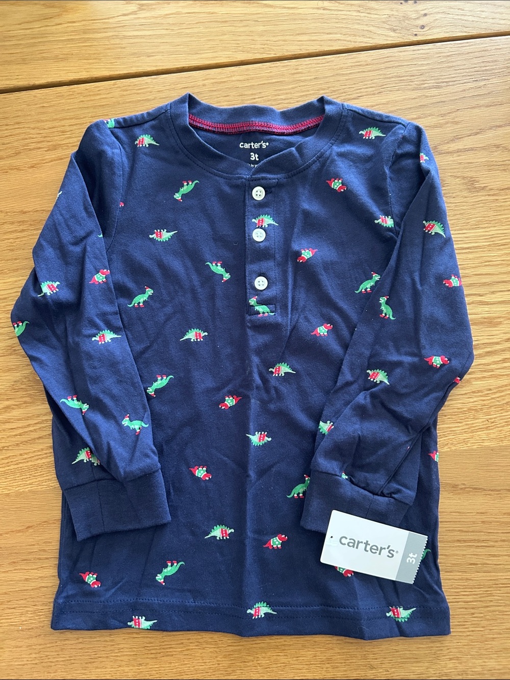 Carter's Navy Long Sleeve Shirt with Christmas Dino Print for Boys